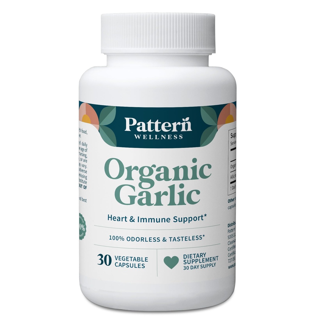 דפוס בריאות אורגני אודורless Garlic - 1000mg - Immune, Circulatory & Heart Health Support - Non-GMO & Gluten Free - 30 קפסולות טבעוניות