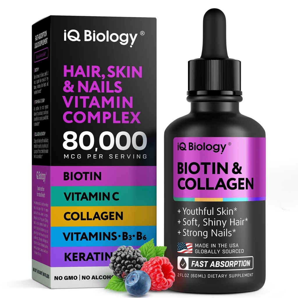 נוזל ביוטין לצמיחת שיער, Skin & Nails - 80,000 mcg Hair ויטמינים טיפות - תוספת כוח biotin 5000mcg, Collagen, Keratin עם Hyaluronic Acid - תוספי Multivitamin לנשים וגברים - 2 oz oz