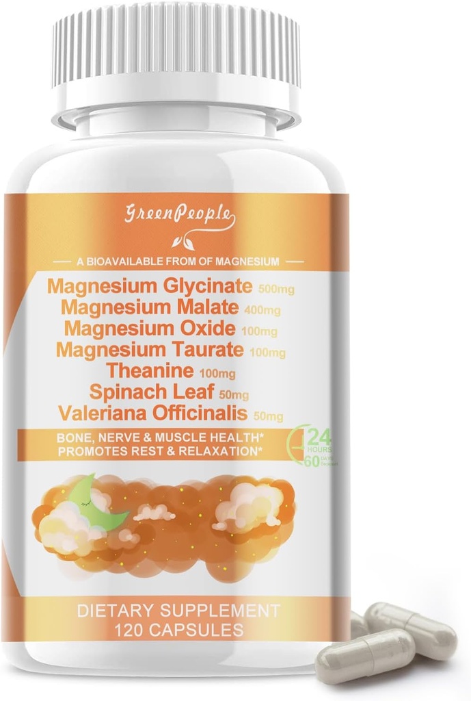 Magnesium Glycinate 500 מ"ג לשרת, עם Malate, Turate & Oxide, Magnesium תוספת עבור שריר, העצם, Sleep ו- Digest, 120 קפסולות טבעוניות, Non-GMO.