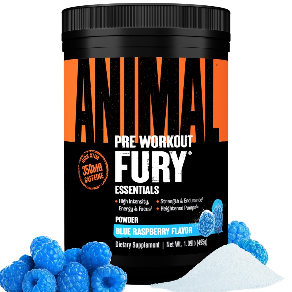 Animal Fury - Pre Workout אבקת תוסף עבור אנרגיה להתמקד - 5g BCAA, 350 מ"ג Caffeine Nitric Oxide ללא Creatine - Powerful Stimulant for BodyBuilders - Blue Raspberry