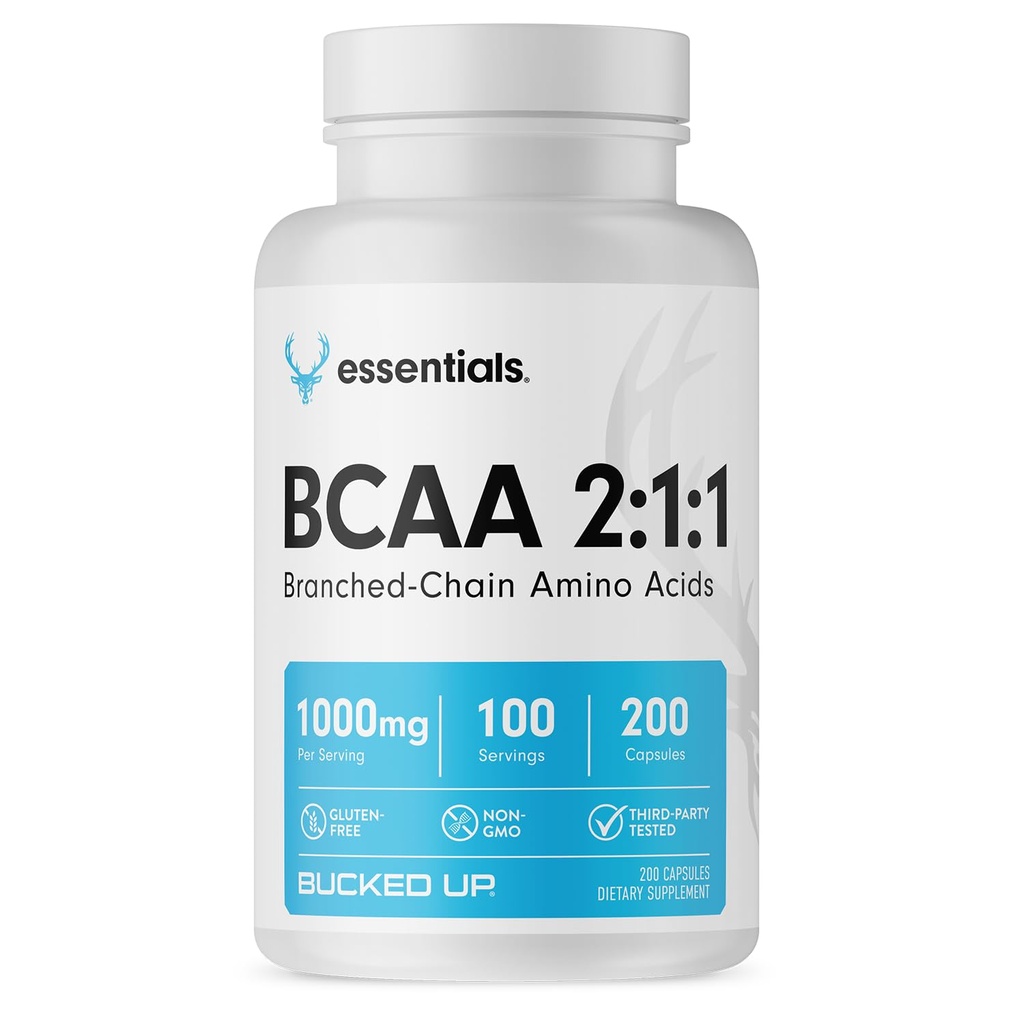 Bucked Up BCAA 2:1 קפסולות | תוספת שרשרת Amino Acids | 1000 מ"ג עבור Gluten Free, non GMO, צד שלישי נבדק | BCAA תוספת 100 משרתים (200 קפסולות)