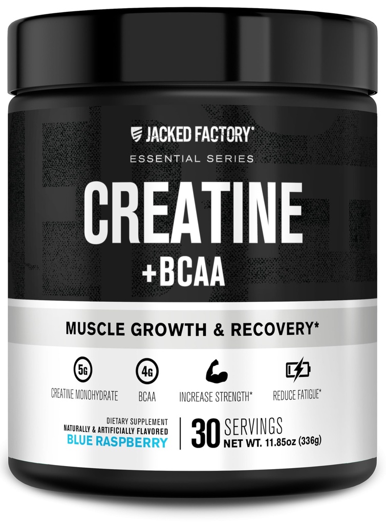 Jacked Factory Creatine + BCAAs - Creatine Monohydrate + BCAA אבקת עבור הגדלת פוסט-Workout Recovery, ביצועים, Lean שריר צמיחה, ו מופחת שומןigue - 30 לשרתים, Blue Raspberry