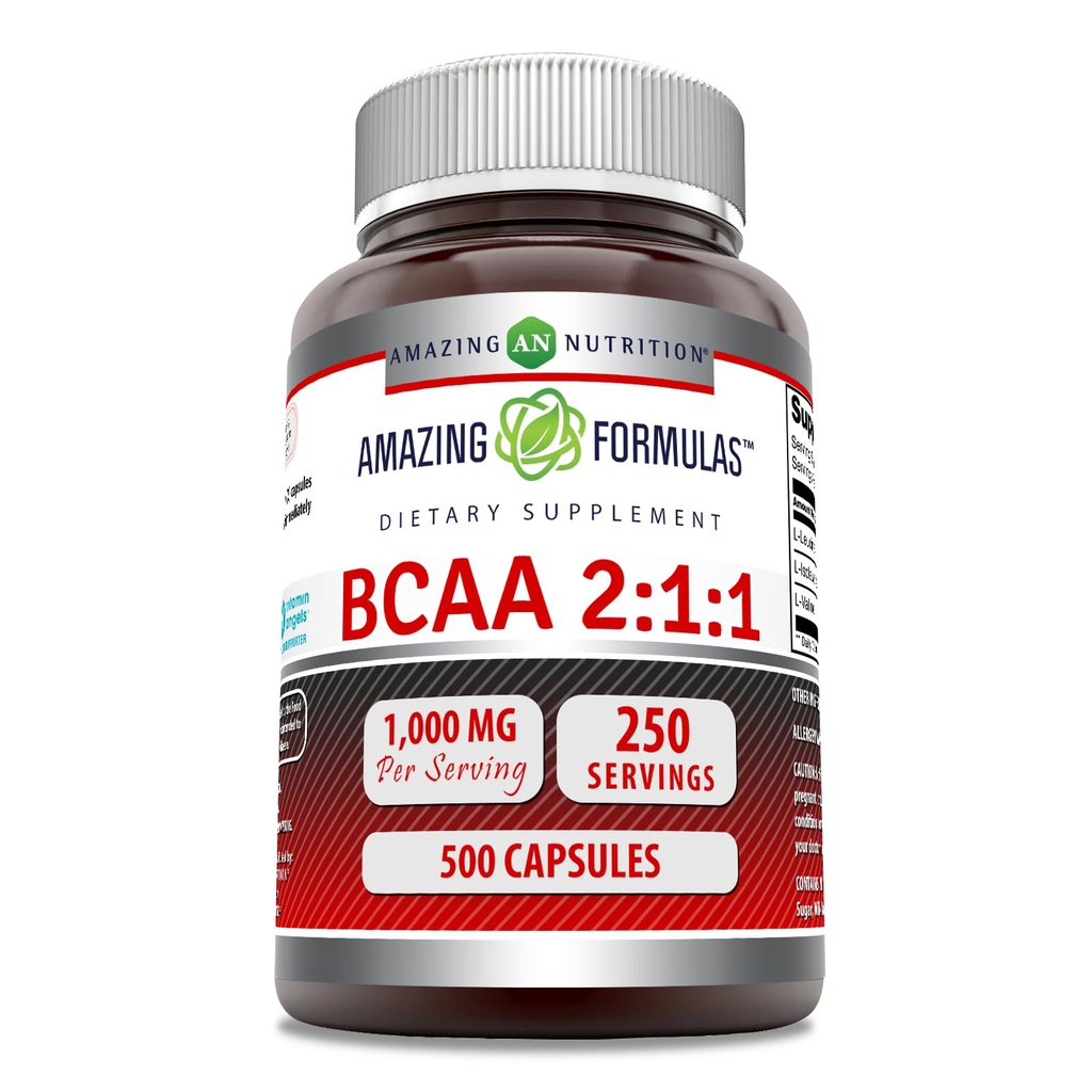 פורמולות מדהימות BCAA 2:1 1000 Mg Per לשרת | קפסולות | תוספת שרשרת Amino Acids | Non-GMO | Gluten-Free | Made in USA (1 Pack, 500 Count)