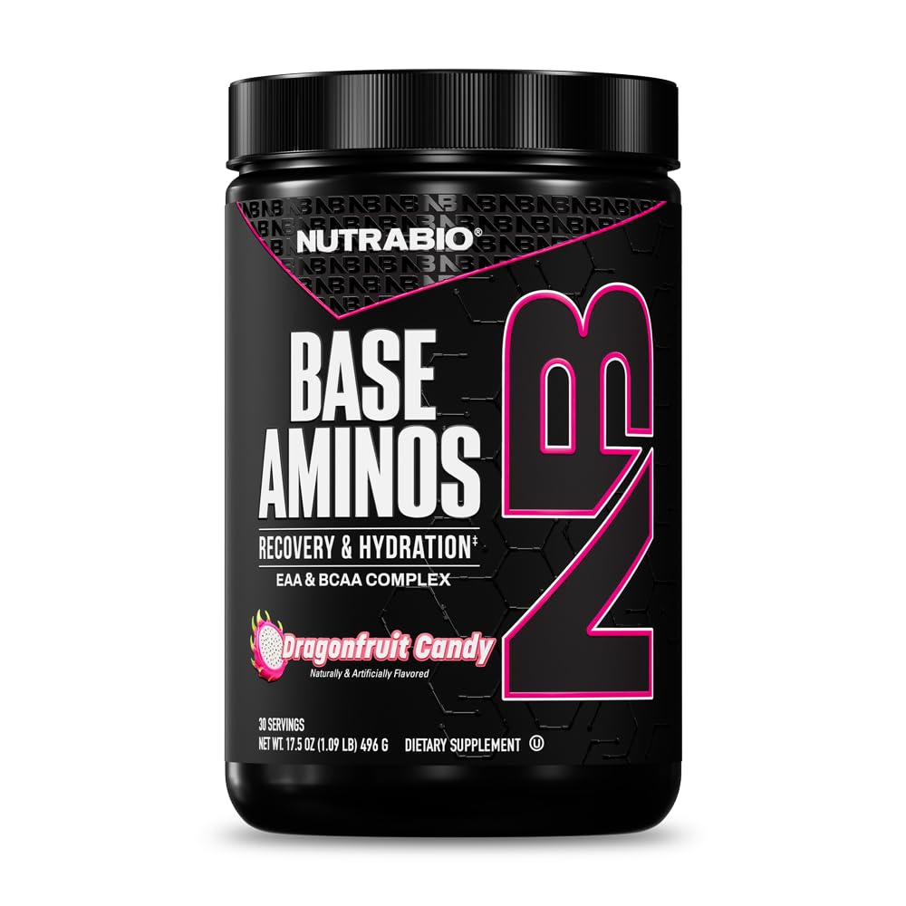 NutraBio בסיס Aminos EAA + BCAA אבקת -10g Essential Amino Acids תוספת, 6g 2:1 BCAAs, 2.8g hydrotion Matrix עם אלקטרוליטים & Absorption Enhancer AstraGin® - 30 משרתי פרי Dragon Candy