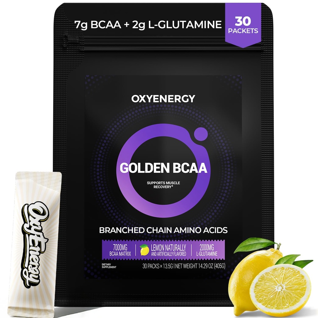 OxyEnergy BCAA 2:1 אבקת, 7g BCAAs ו 2g L-Glutamine, טאורין עבור שריר התאוששות, הגדלת אנדורנס, מושלם Amino Aicds עבור Pre & Post Workout Recovery, סוכר חינם, לימון, 30 Stick Pack