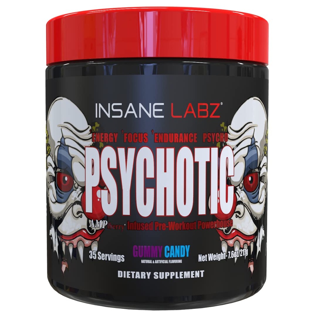Insane Labz Psychotic, High Stimulant Pre Workout אבקה, אנרגיה מתקדמת, מיקוד וסוף עם Beta Alanine, Creatine Monohydrate DMAE, 35 Srvgs (Gummy Candy)