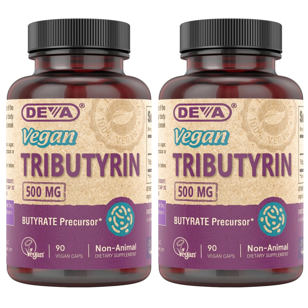 DeVA טבעוני Tributyrin תוספת - Butyrate Precursor, Gut Barrier Support, Butyric Acid, 500 MG טבעוני קפסולות, Leaky Gut Support, Digest, 90 Count (Pack of 2)
