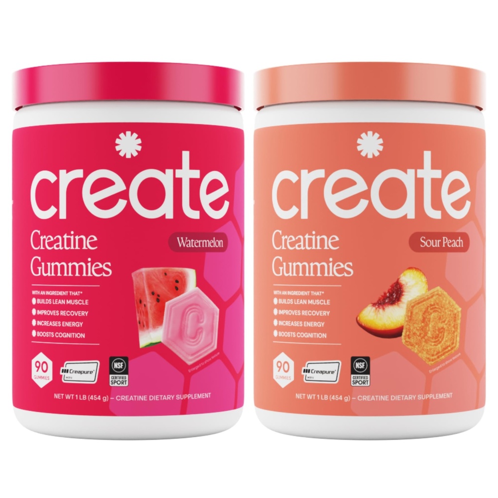 צור Creatine Monohydrate חניכיים - יום החוף Duo - Sour Peach & Watermelon - Creatine Gummies for Women & Men, NSF מוסמך, 3rd Party Tested, Anti-Melting Formula, 180 הרוזן (2-Pack)