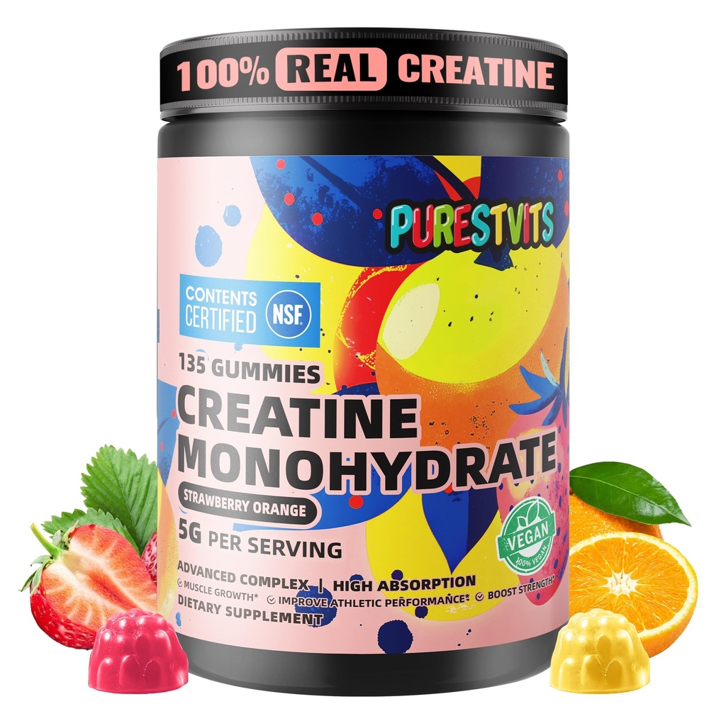 NSF מוסמך Creatine Gummy 5g - Creatine Monohydrate חניכיים - תמיכה טרום עבודה אנרגיה ושרירים עבור גברים ונשים | Strawberry אורנג אלקטרוליטה חניכיים (135 הרוזן)