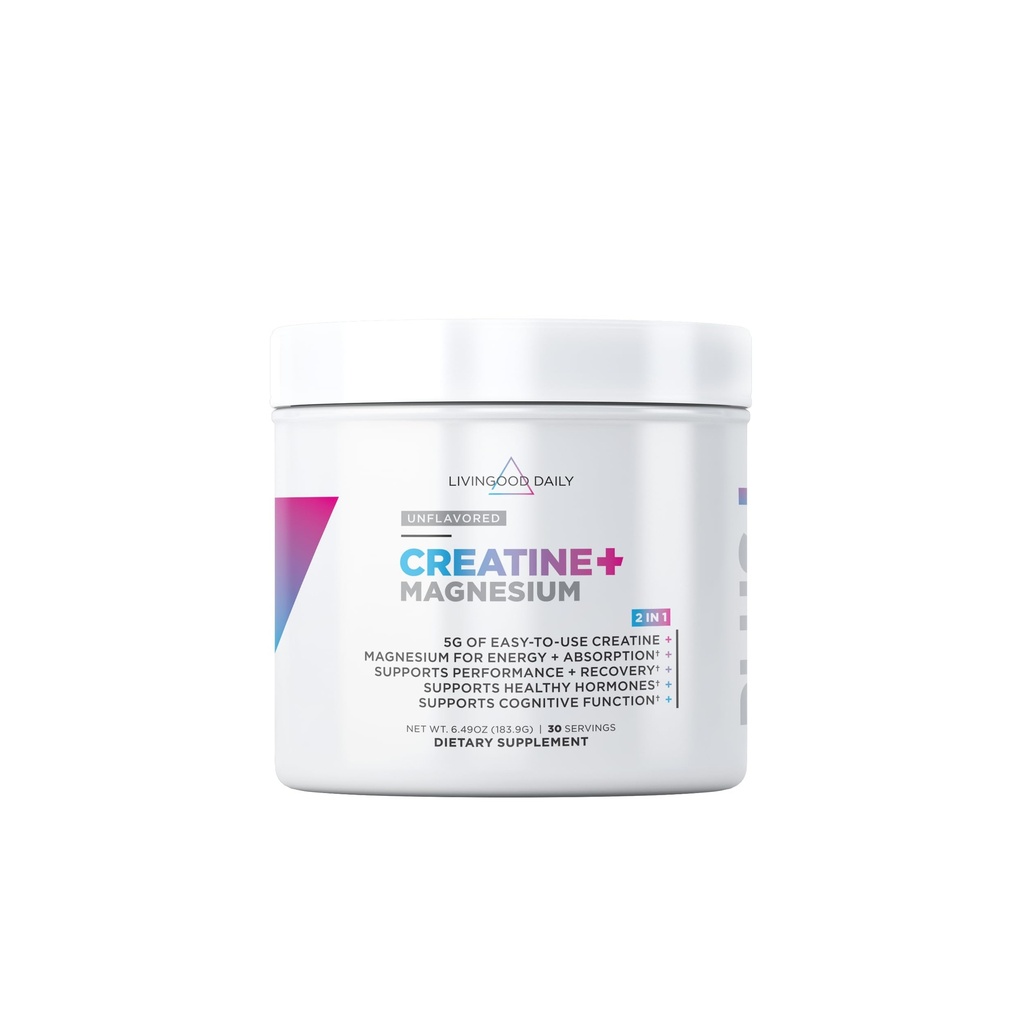 Livingood Daily Creatine + Magnesium אבקה, Unflavored | 5g Micronized Creatine Monohydrate עם Magnesium עבור אנרגיה, התאוששות שרירים וביצועים | 30 משרתים