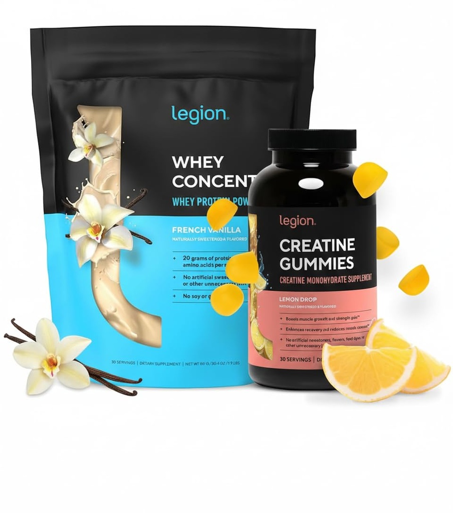LEGION Performance Support Stack - Creatine Monohydrate Gummies (Lemon Drop, 30 משרתים) + אבקת חלבון Whey (Vanilla, 30 משרתים)