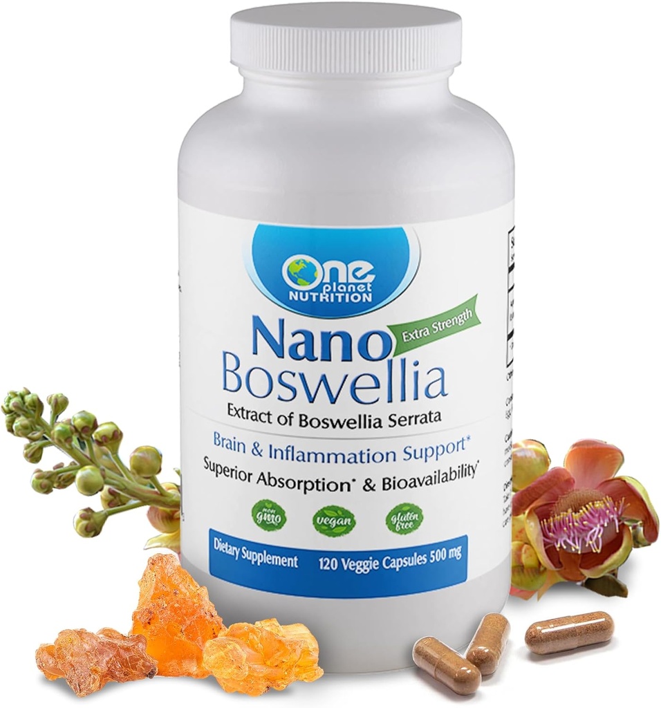 One Planet Nutrition Nano Boswellia 500 מ"ג Veggie קפסולות (120 משרתים), Boswellia Srrata Resin, תומך בתפקוד הקוגניטיבי לבריאות המוח, Non-GMO, טבעוני, Gluten-FreeFree