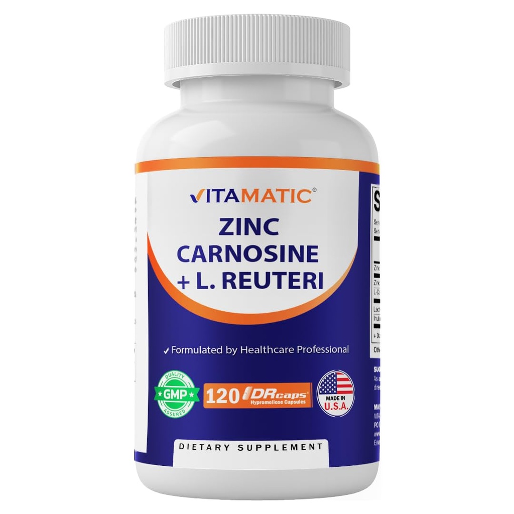 Vitamatic Zinc Carnosine with L. Reuteri 10 Billion CFU & Prebiotic Inulin 264 mg Digestive & Gut Health Support* - GI Tract Supplement – 120 Delayed-Release Capsules