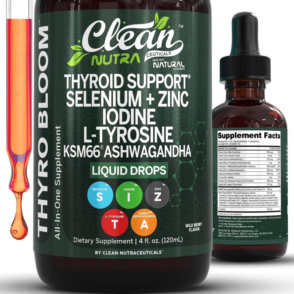 ThyroBloom Thyroid תמיכה עבור נשים נוזלי טיפות Iodine L-Tyrosine סלניום סלניום ופרגן Ashwagandha Zinc Kelp Bladderwrack Schisandra Guggul Turmeric ויטמין A3 B12 Folate על ידי ניקוי 4oz