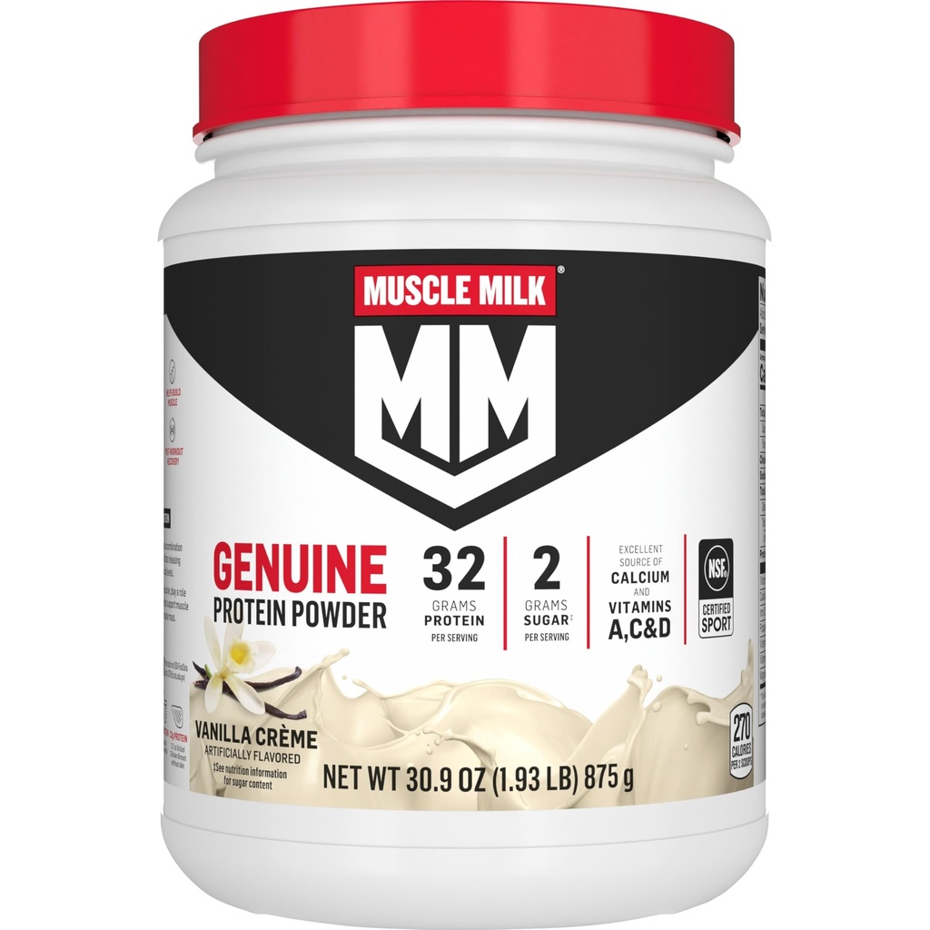 אבקת חלב שרירי Genuine חלבון, Vanilla Crème, 1.93 פאונד, 12 משרתים, 32g חלבון, 2g סוכר, Calcium, ויטמין A, C & D, NSF מוסמך לספורט, חטיף אנרגיה, Packaging May Vary Vary Vary.
