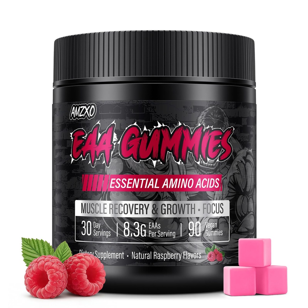 EAA Gummies - 2:1 BCAA פורמולה (8300 מ"ג) - Essential Amino Acids עבור שריר התאוששות & Endurance - non-GMO, Gluten Free, Sugar Free, Vegetarian, Raspberry Flavor - 90 הרוזן