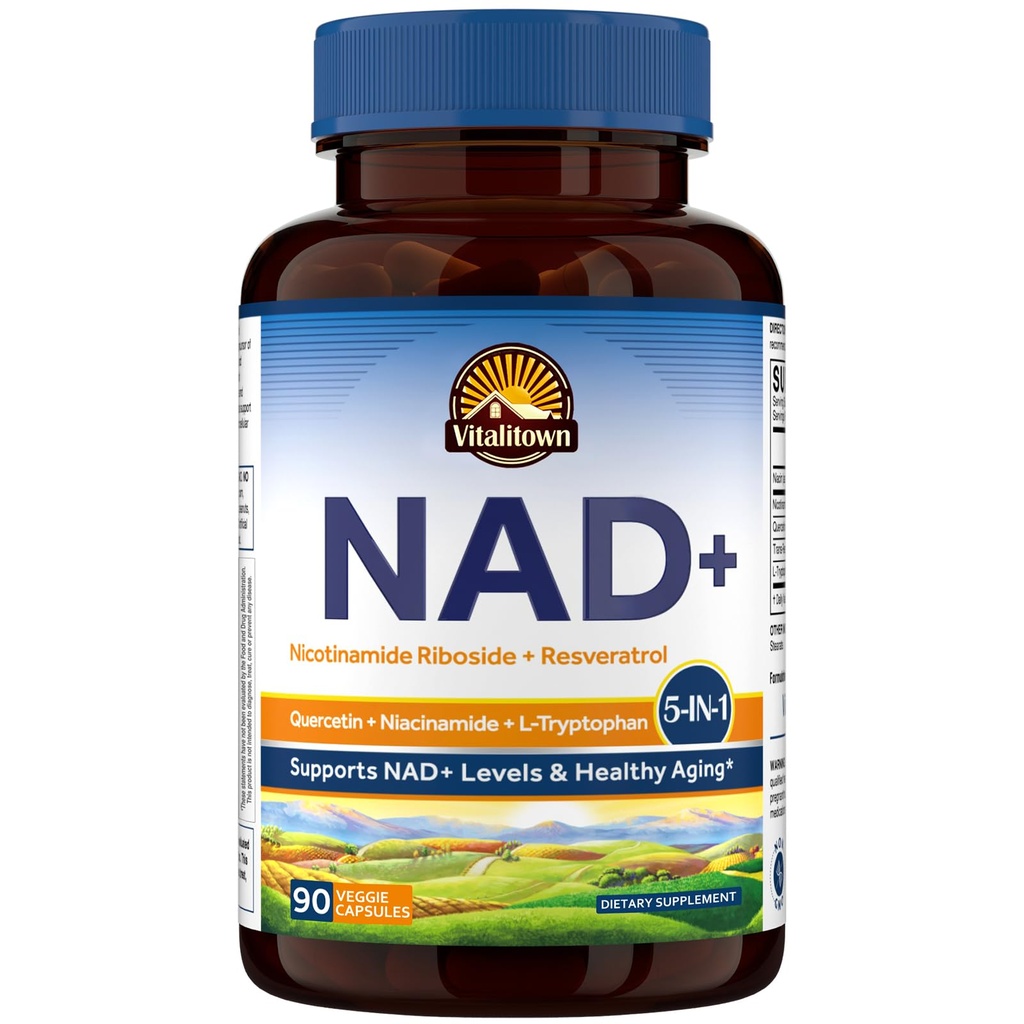 Vitalitown 5 in 1 NAD+, NMN Supplement Alternatives, Nicotinamide Riboside (NR), Trans-Resveratrol, Quercetin, Niacinamide, L-Tryptophan, for Cellular Energy, Heart, Skin, 90 Veggie Capsules