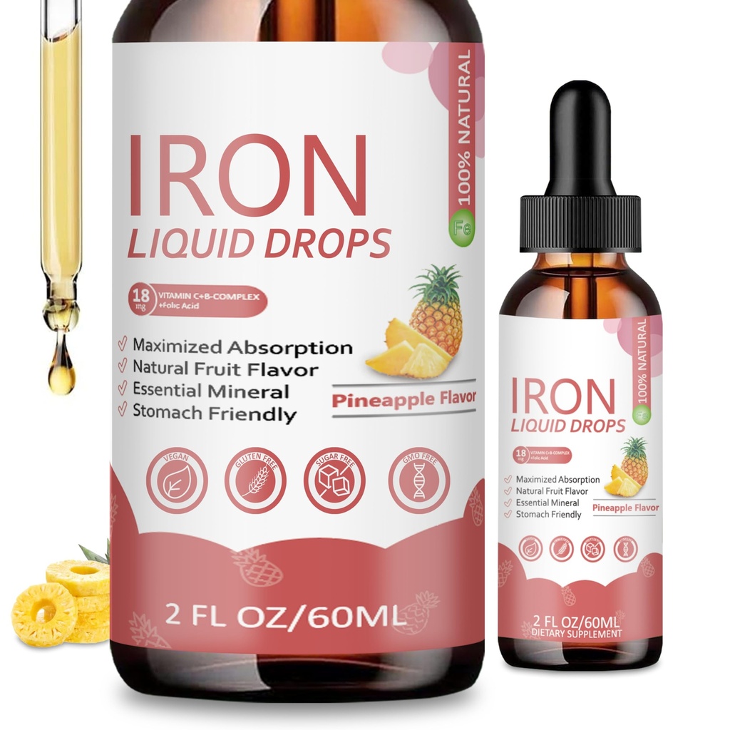 Iron Supplement Liquid Drops - High Absorption Formula with Vitamins C, B12, B6, Supports Energy, Gentle & Vegan, Suitable for Women, Men & Children, Pineapple Flavor, 60 ml