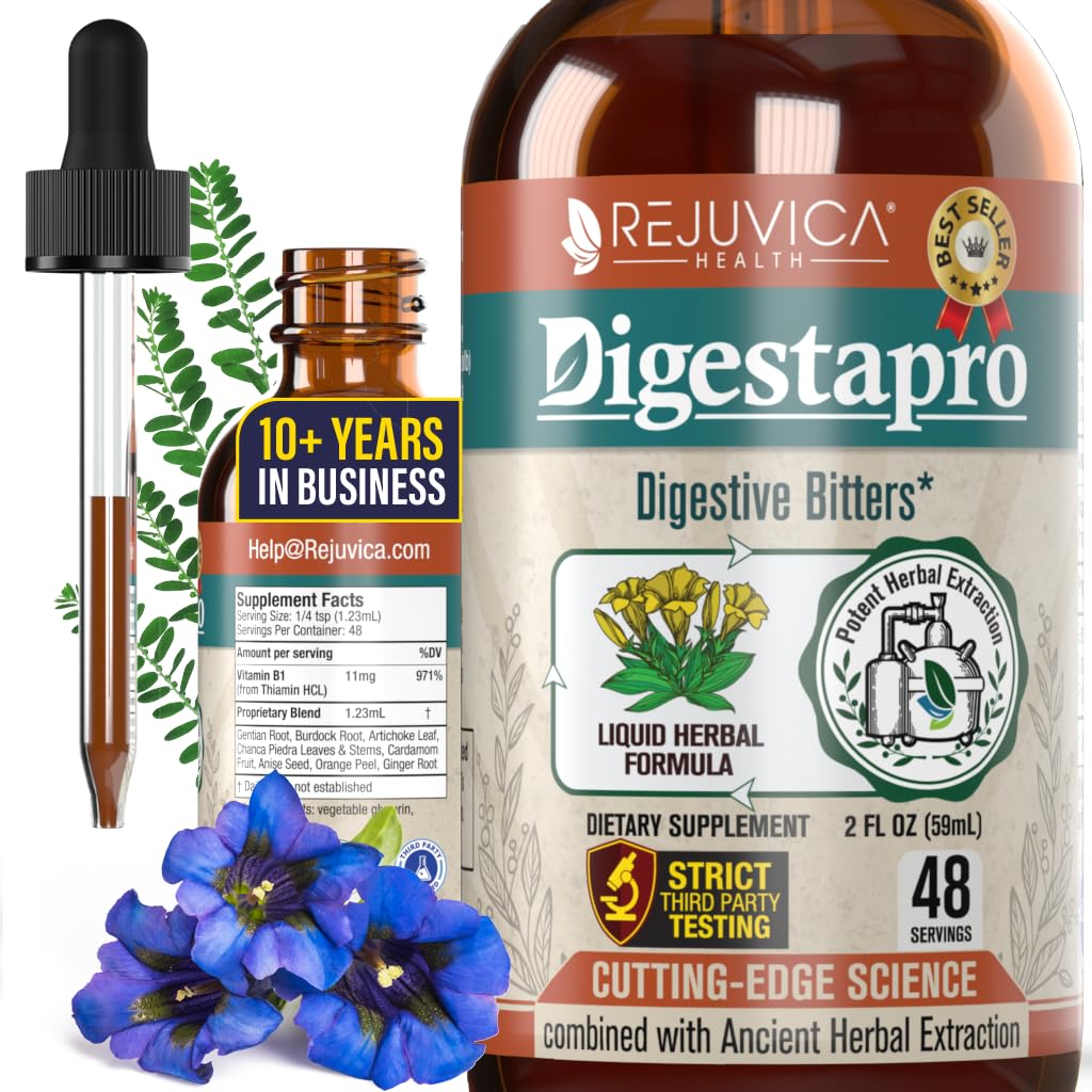 Rejuvica Health DigestaPro - Advanced Digest Bitters תוסף - משלוח נוזלי עבור Better Absorption - Gentian, Artichoke, Burdock, Chanca Piedra, ג'ינג'ר ועוד!