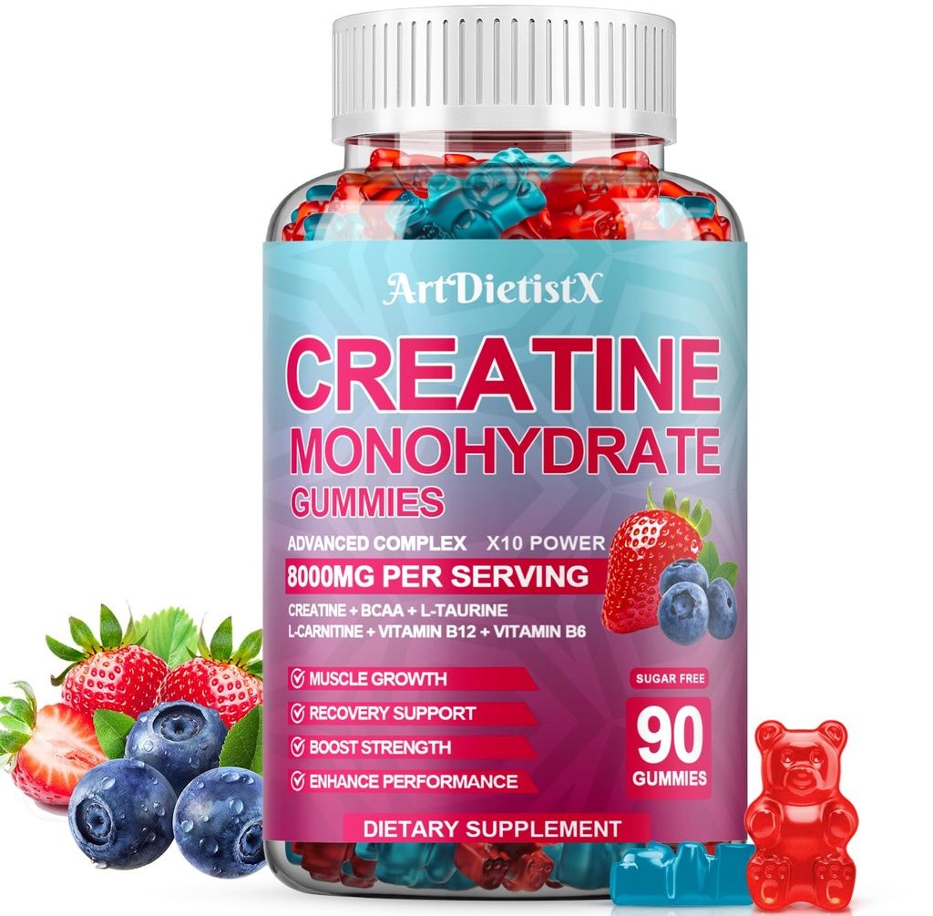 Creatine Monohydrate 8000 מ"ג חניכיים עם BCAA, L-Carnitine, Turine & ויטמין B12 - תוספת עבודה עבור צמיחה שרירים, כוח ואנרגיה, Multi-Flavor Chewable Gummies, 90 Count for Men & Women