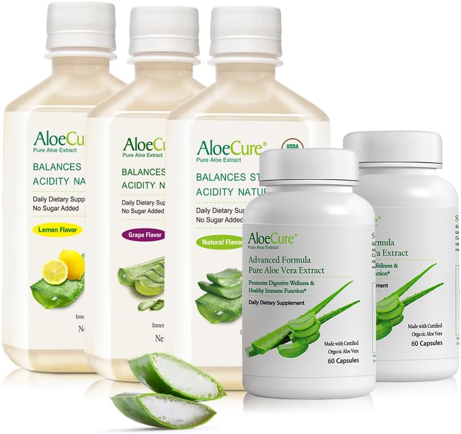 AloeCure אורגני Aloe Vera Digestion - 5 Pack - Grape, Natural, Lemon Flavor Juice, 2pcsxAloe Vera כמוסות 60caps