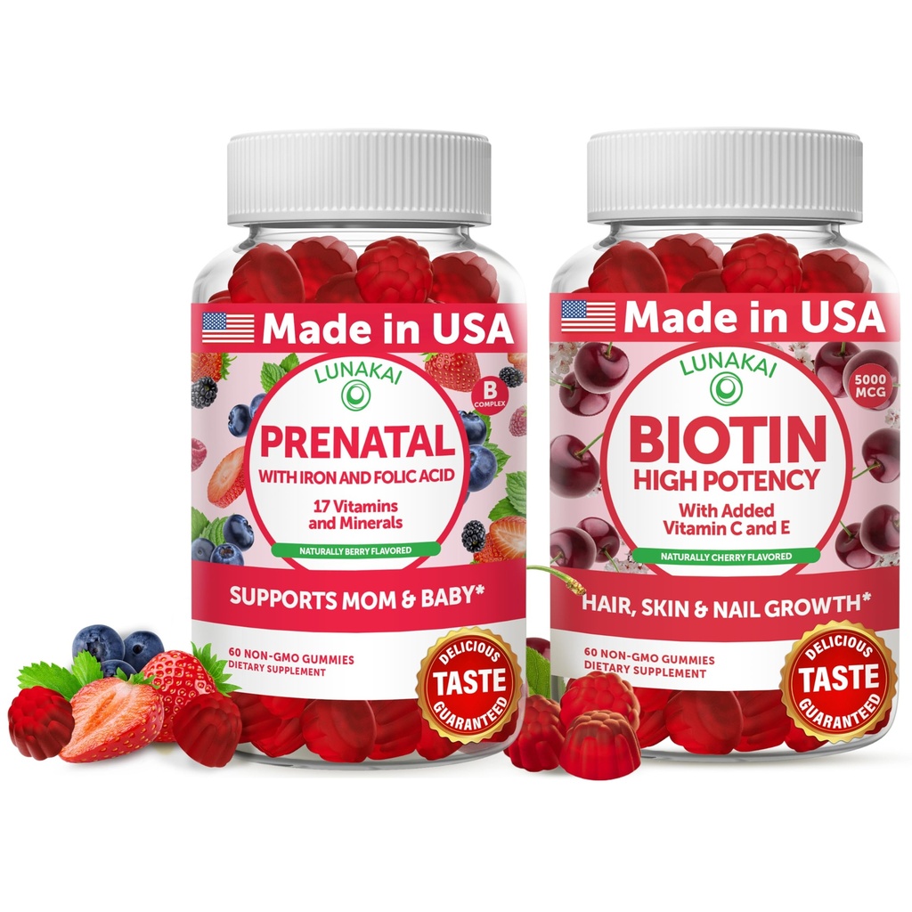 לונהקאי Prenatal ו- Biotin Gummies Bundle - הריון Multivitamin Gummy עם Iron & Folic Acid - שיער עור וציפורים צמיחה תוספת עם ויטמין C ו- E - 30 ימים אספקה