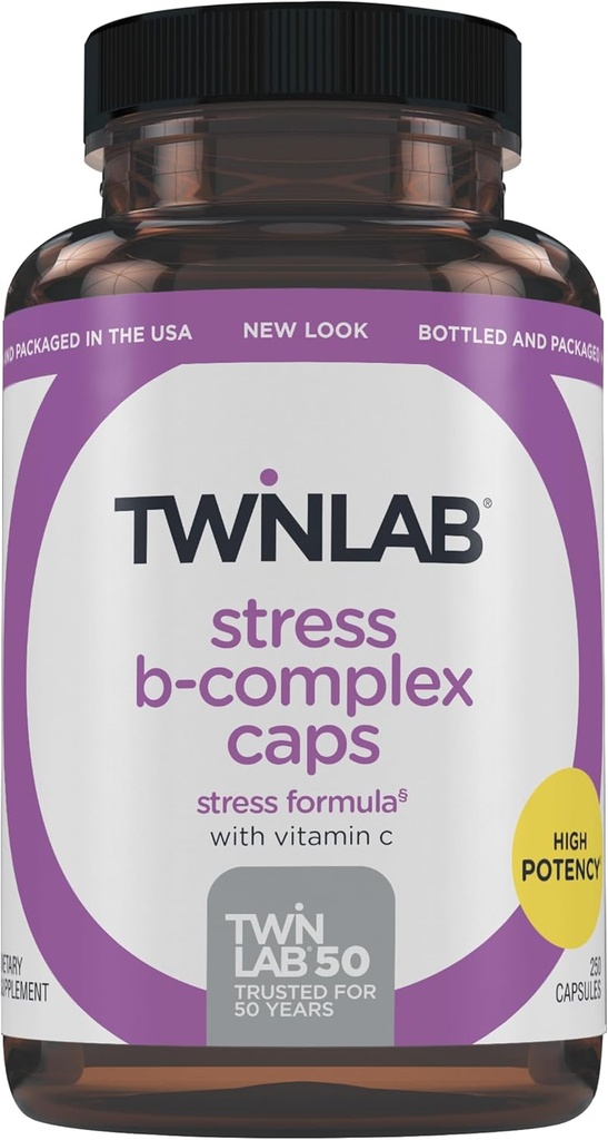 Twinlab Stress B-Complex Caps - תוספי תמיכה באנרגיה עם ויטמין B12 ו B6-250 קפסולות