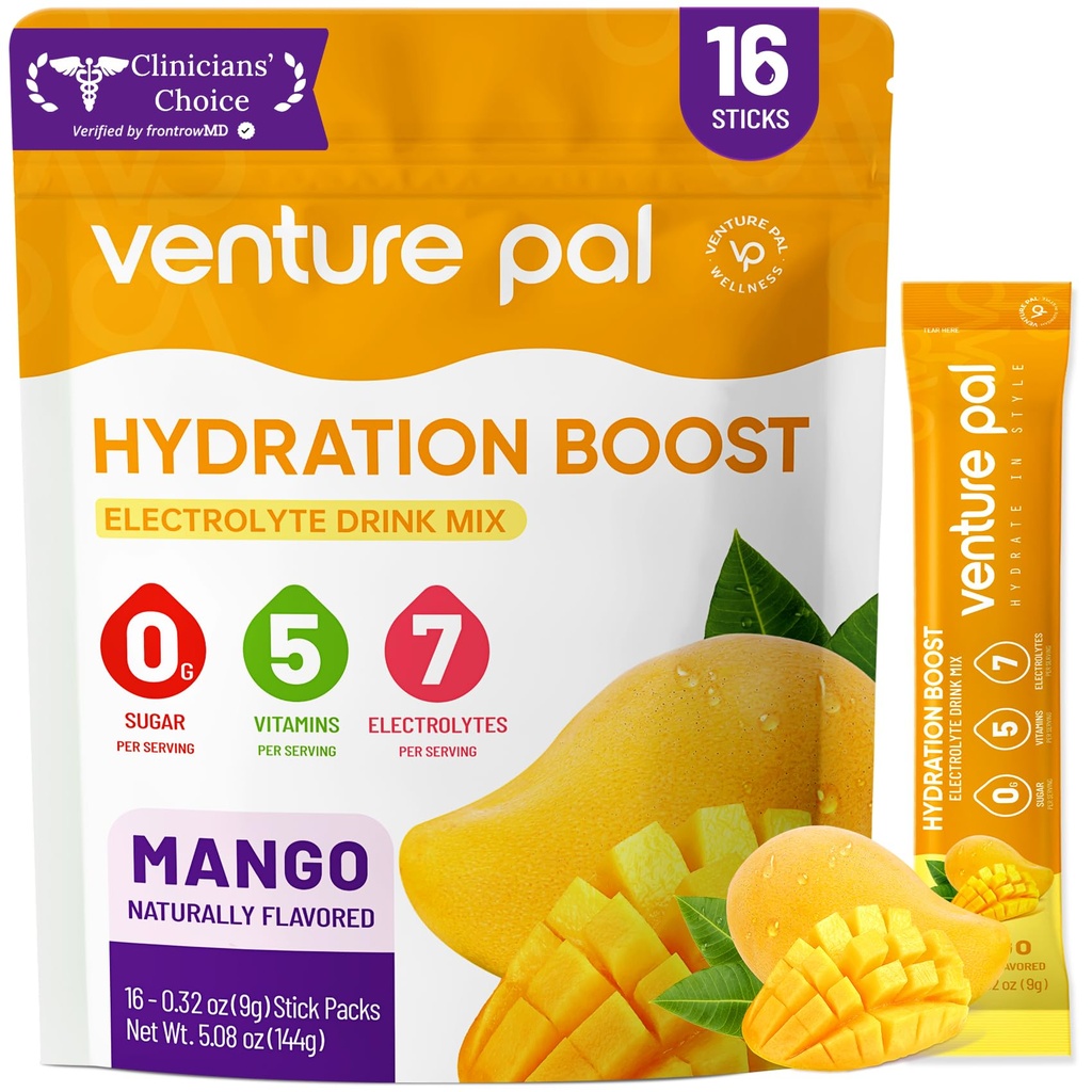 Venture Pal Sugar חינם Electrolyte אבקת Packets - נוזל יומי IV hydrotion Packets; אלקטרוליטים לשתות לערבב עם 5 ויטמינים ו 7 אלקטרוליטים | Keto Friendly | Non-GMO | מוסמך | 16 מקלים