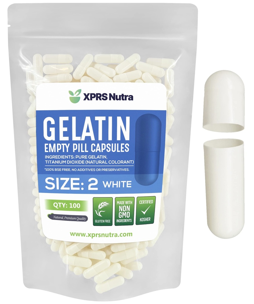 XPRS Nutra Size 2 קפסולות ריקות - 100 הרוזן ריק Gelatin קפסולות - Pills DIY כמוסות מילוי - Pure Bovine Pill Gel Caps for Do-It-Yourself Supplements (לבן)