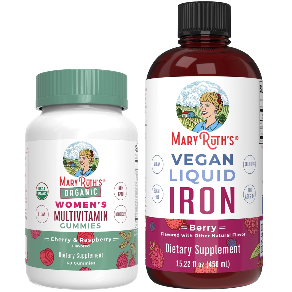 Multivitamin Gummies עבור נשים (Cherry & Raspberry) ותוסף נוזל ברזל (Berry) | פרויקט תווית נקייה מאומת ® | USDA אורגני, טבעוני, Non-GMO | Beauty, Immunity & Total Health