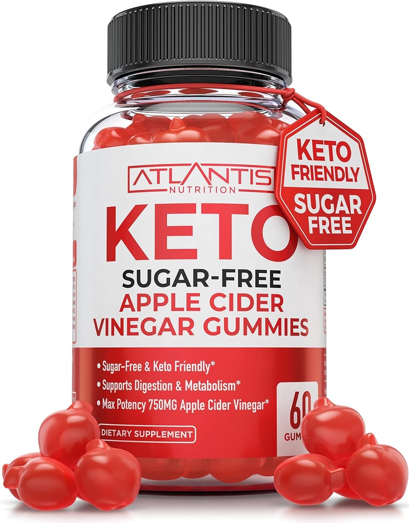 Atlantis Nutrition Sugar-Free Keto ACV Gummies for Weight Loss - Apple Cider Vinegarmies פורמולה עם 750MG ACV Per משרת - תמיכה עיכול, ירידה במשקל, Detox & ניקוי - 60 הרוזן