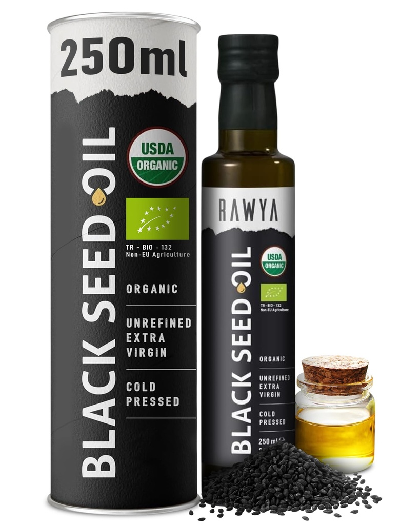 RAWYA שחור Seed שמן - USDA אורגני מוסמך - Cold Pressed - 8.4 Fl oz - תוספת בתולה - טורקי Black Cumin Seed - Premium Nigella Sativa עם Thymoquinone - Kalonji - Non-GMO, Gluten-Free - תוספי תזונה חינם - תוספת טעם חזק