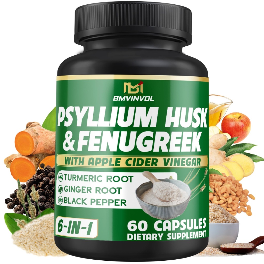 BMVINVOL Psyllium Husk סיבים תוספת t עם Fenugreek, Apple Cider Vinegar, Turmeric, ג'ינג'ר, Black Pepper- Digest - 60 קפסולות
