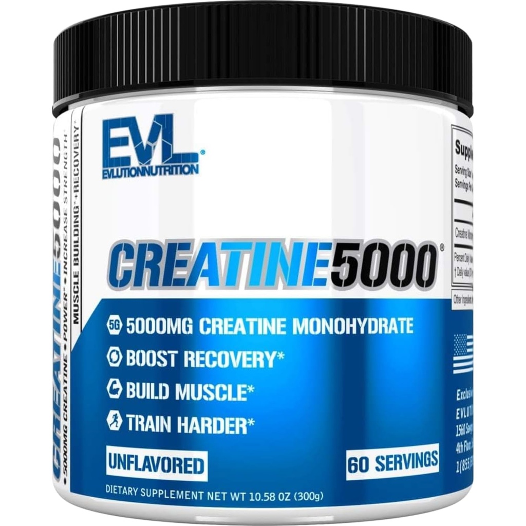 תזונה של Evlution Creatine 5000 - תומך ב- Faster Recovery, Lean שרירים צמיחה וביצועים - טרום & Post Workout אבקה - 5000mg Pure Creatine Monohydrate Per לשרת - 60 משרתים - Unflavored