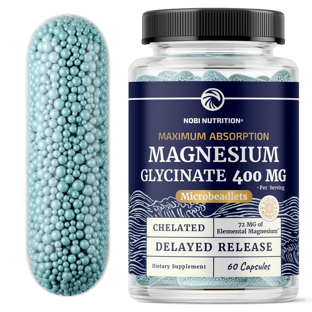Magnesium Glycinate 400 מ"ג | High Absorption Magnesium for Sleep, Calm, כאבי שרירים, לב, עצמות ועצב תמיכה לנשים וגברים | Advanced Microbeadlets | Chelated Mag Glycinate | 60 Ct.