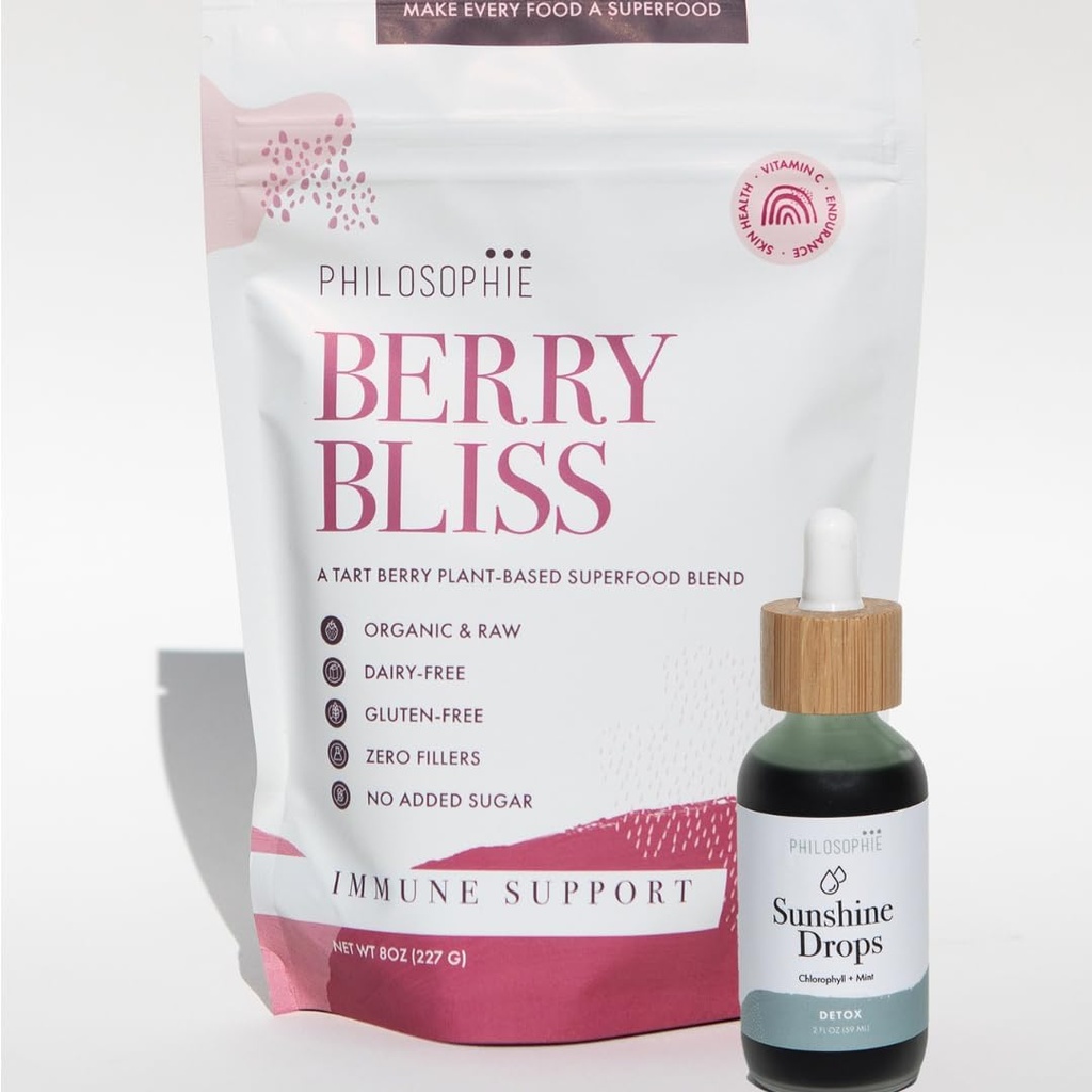 Philosophie Sunshine Drops & Berry Bliss Bundle - נוזל Chlorophyll & Superfood אבקת בלגן - All Natural Plant מבוסס 2pack