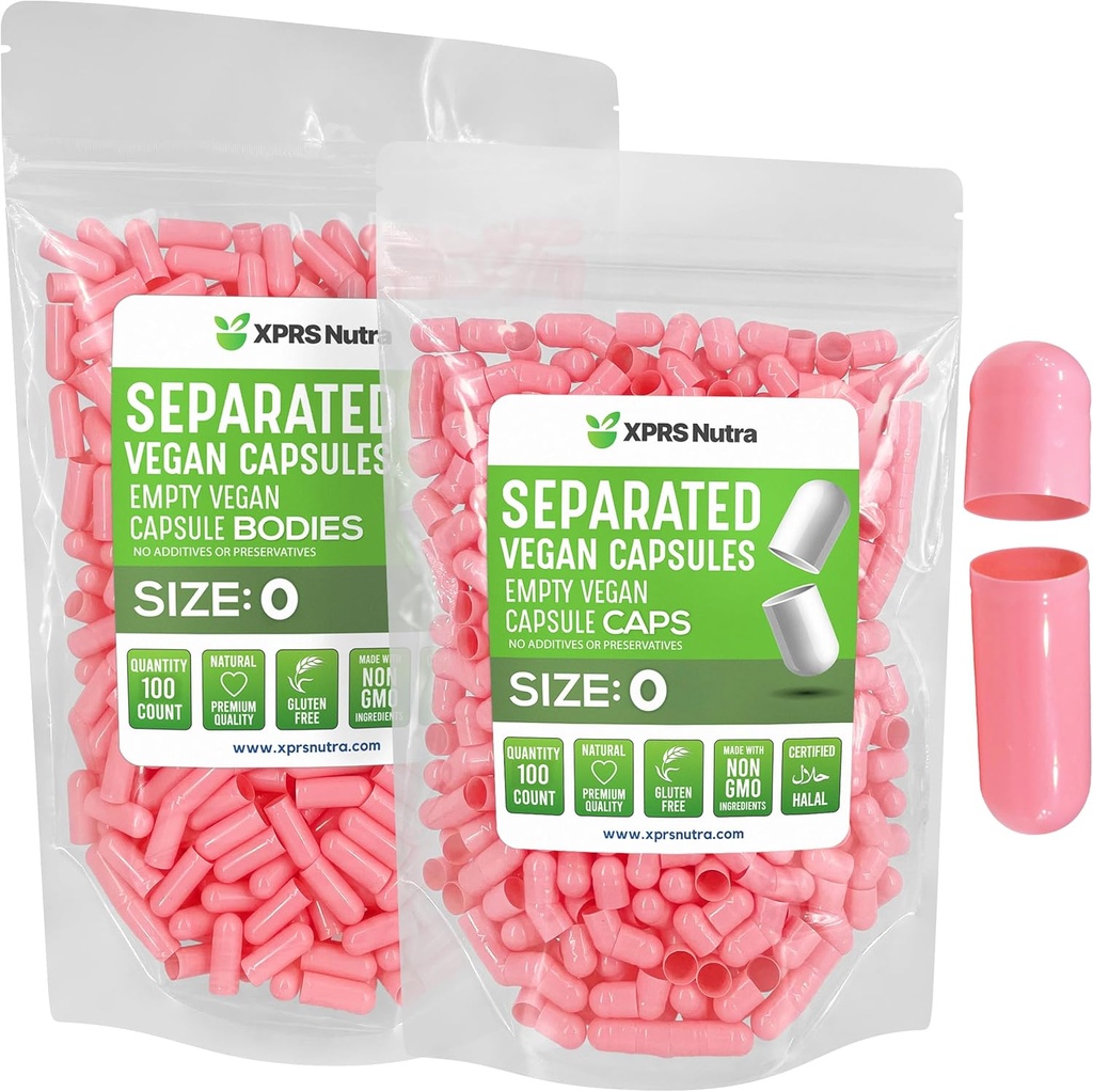 XPRS Nutra טבעוני גודל 0 קפסולות נפרדות - 100 Count Premium פסולת ריקה בנפרד ב Bags - Pills 0 ריקה עבור תוסף DIY (Pink)