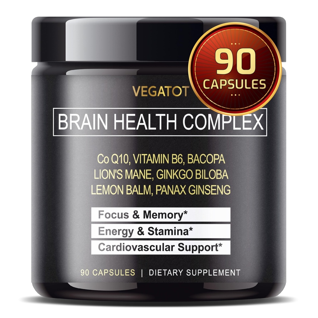 VEGATOT Brain Booster Brain Complex תוסף עם CoQ-10 VIT B6 Lion's Mane גינקו בילובה לימון Balm גינזנג - Focus Memory Energy