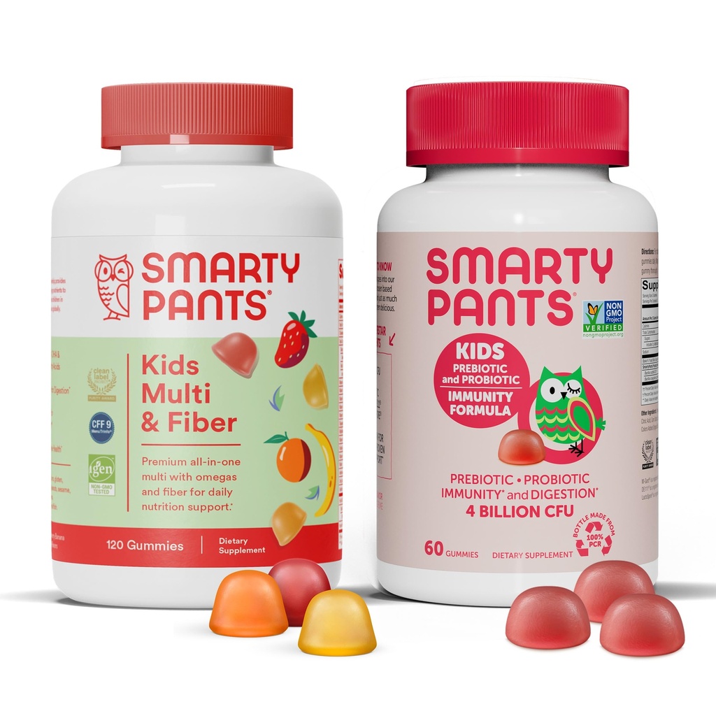 SmartyPants Kids Multivitamin סיבים תוספת חניכיים Probiotic Immunity Bundle: אומגה 3 שמן דגים (EPA / DHA), ויטמין D3, C, ויטמין B12, B6, Digestive & Immune Support (30 יום אספקה)