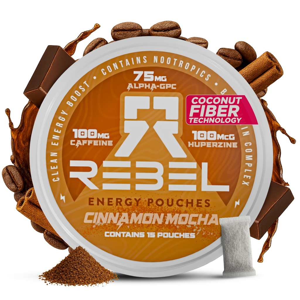 המורדים Nootropic Energy Caffeine Pouches (Cinnamon Mocha) - 100 מ"ג Caffeine - Alpha GPC - Huperzine A & Essential ויטמינים - סוכר חינם - טכנולוגיית סיבים קוקוס - 15 Pouches Per Can (Pack of 1)