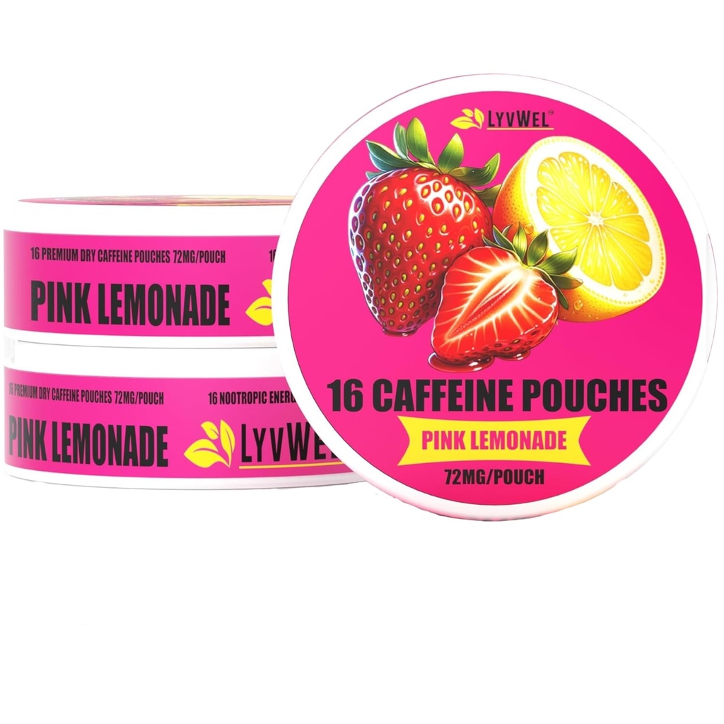 LyvWel 72 מ"ג Caffeine Energy Pouches | Nootropic Focus & Neuro Support | 3Pack עם 16 Pouches Per Can | Tobacco-Free, Nicotine-Free, Quick Energy Solution (3 Pack, Pink Lemonade)