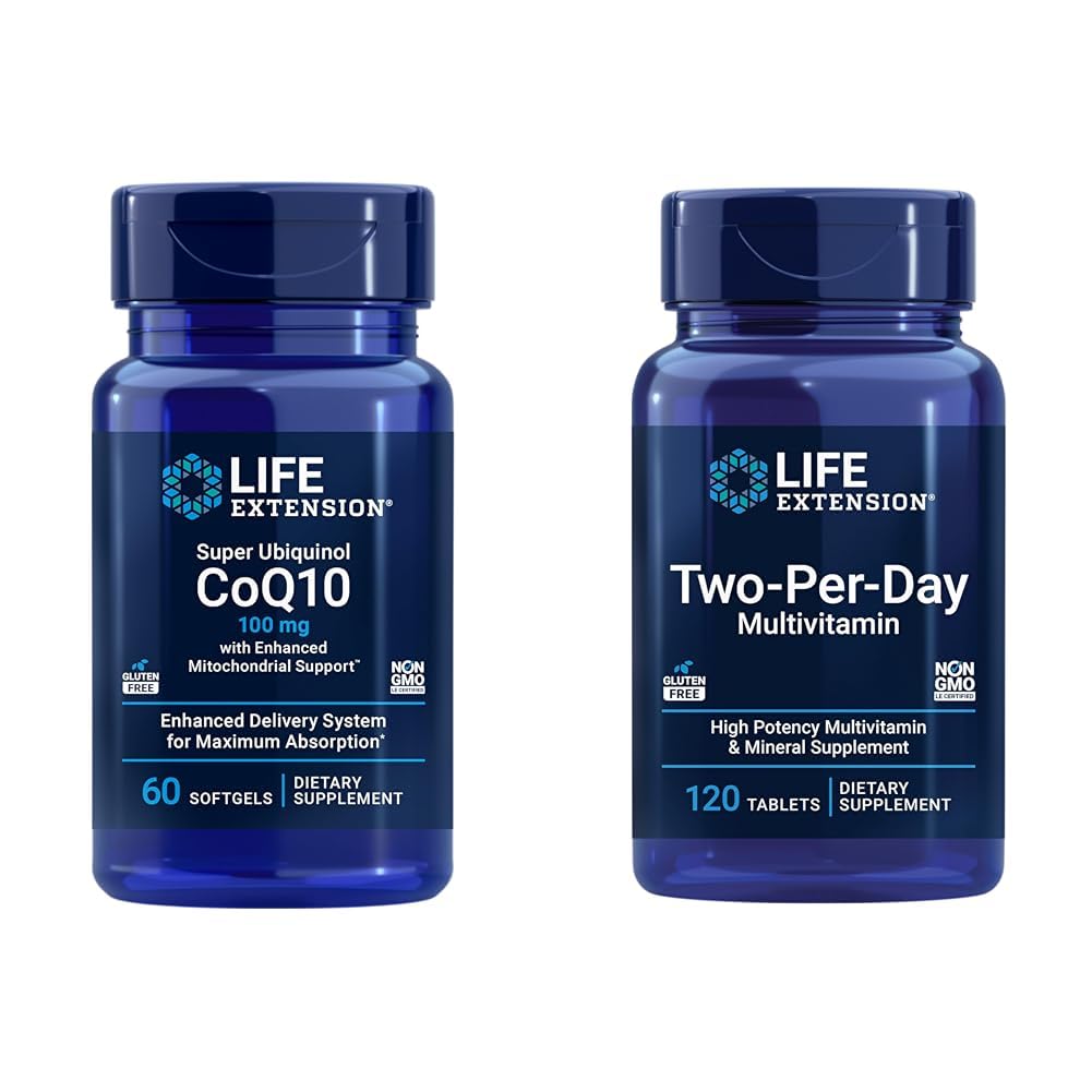 Life Extension Super Ubiquinol CoQ10 Heart & Cell Energy Support with Two-Per-Day High Potency Multi-Vitamin & מינרלים תוסף, 60 Softgels & 120 טבליות