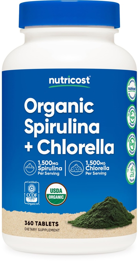 Nutricost אורגני Spirulina + Chlorella (3,000 מ"ג) 360 טבליות - USDA אורגני, 1,500 מ"ג Spirulina, 1,500 מ"ג Chlorella, טבעוני, GMO-Free, Gluten-Free, 60 משרתים