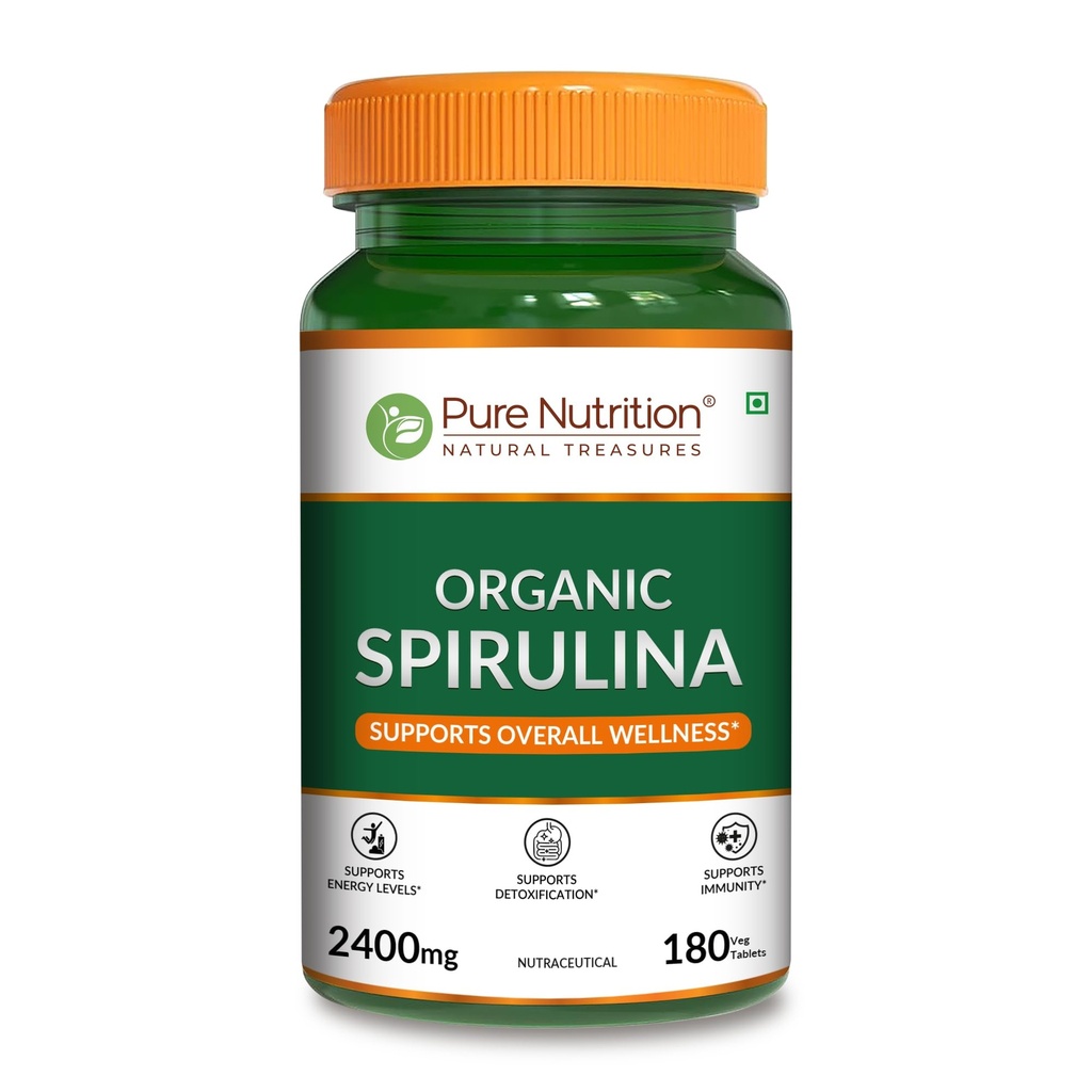 Pure Nutrition אורגני Spirulina 2400 מ"ג לשרת | 180 טבליות Veg | אבקת Spirulina אורגני Tablet | תמיכה עור בריא & Boost Immunity