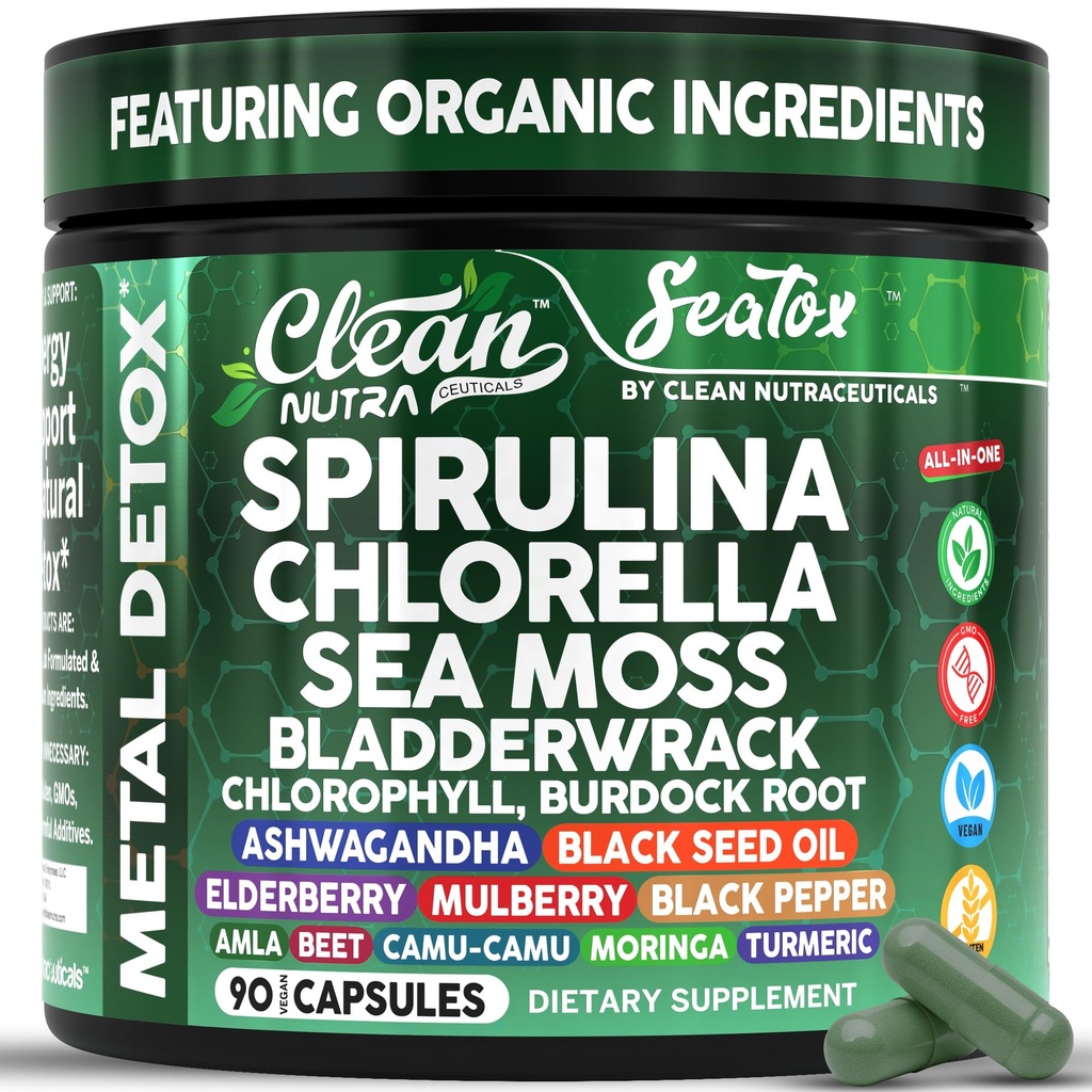 Sea Tox Organic Spirulina ו Chlorella קפסולות ניקוי טבעי ו Nourishment Sea Mos Bladderwrack Chlorophyll Burdock Root Ashwagandha Turmeric 90 black Seed Oil קפסולות על ידי ניקוי Nutra Nutra
