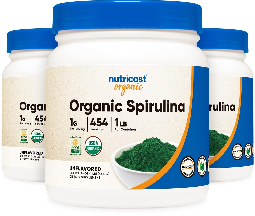 אבקת Spirulina Unflavored, 1LB מכיל 454 משרתים (3 בקבוקים) - טבעוני, GMO חינם וגלוטן חינם