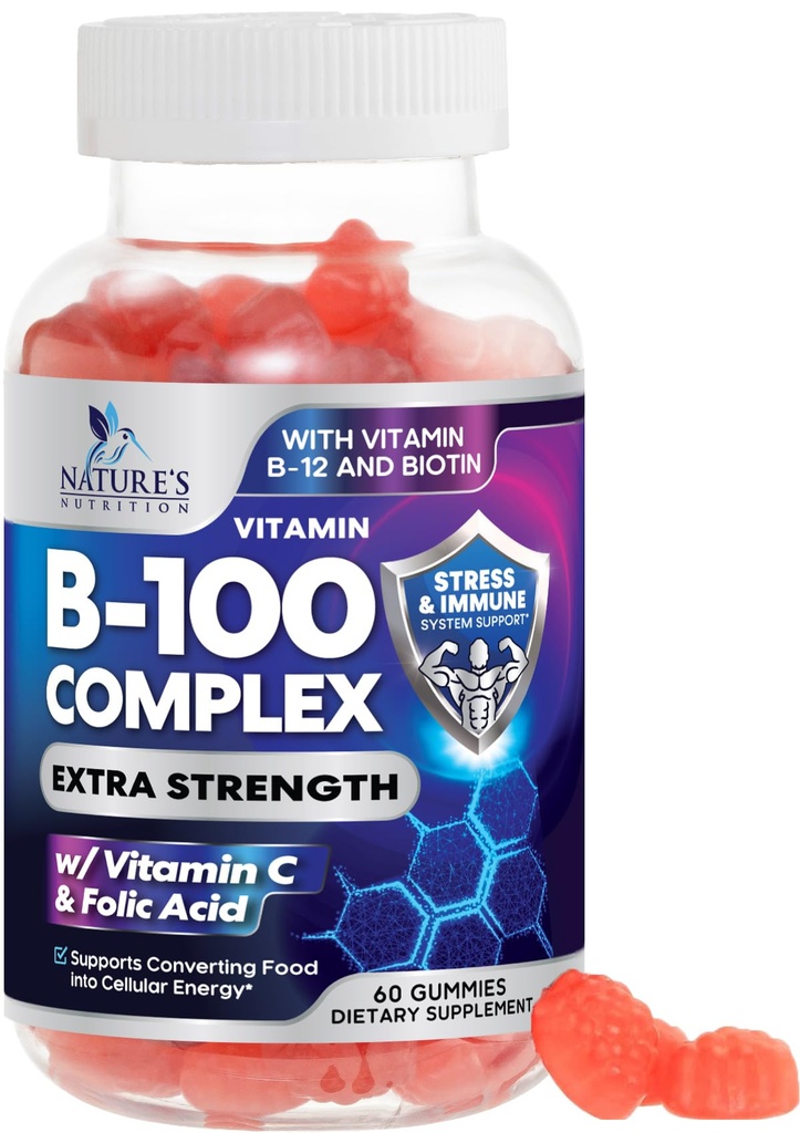 B מורכב חניכיים עם ויטמין C & Folic Acid, תוספת כוח סופר ויטמין B עם Niacin, B6, Folic Acid, B12, Biotin, האנרגיה של Nature's Energy Immune תמיכה תוספי - 60 מסטיקים