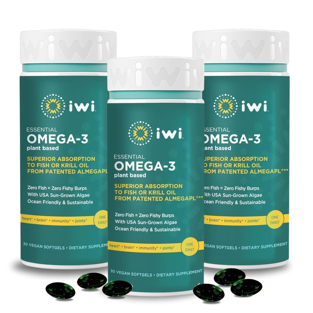 Iwi אומגה 3 Essential, 90 Softgels (90 המשרתים), אלגה אומגה 3 המבוססת על צמחים עם EPA + DHA, Brain, Heart & Immune Support Dietary, קריל & Fish שמן אלטרנטיבי, No Fishy Aftertaste