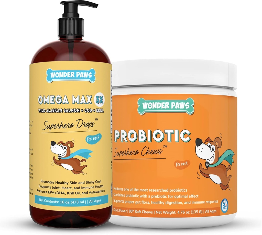 WONDER PAWS אומגה Max Fish Oil Plus Probiotic Chews - for Dog Joint Health, Skin Moisture, Gut Health & Daily Wellness - אומגה מקס 16 אוונס
