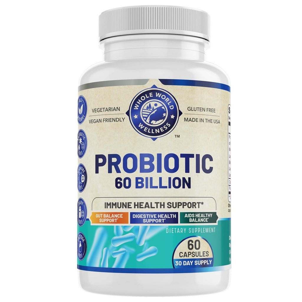 Probiotic 60 מיליארד CFU/g | Immune, Digestive & Gut Health Support | תמיכה ב- Constipation, Gas & Bloating | All Natural, Milk Free, Soy Free | 60 קפסולות | Made in the USA.